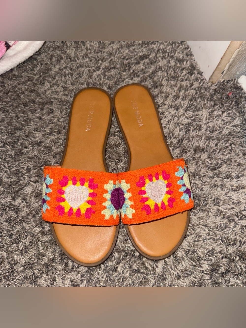 TOP Moda Orange Embroidered Slide Sandals with Multicolor Floral Detail